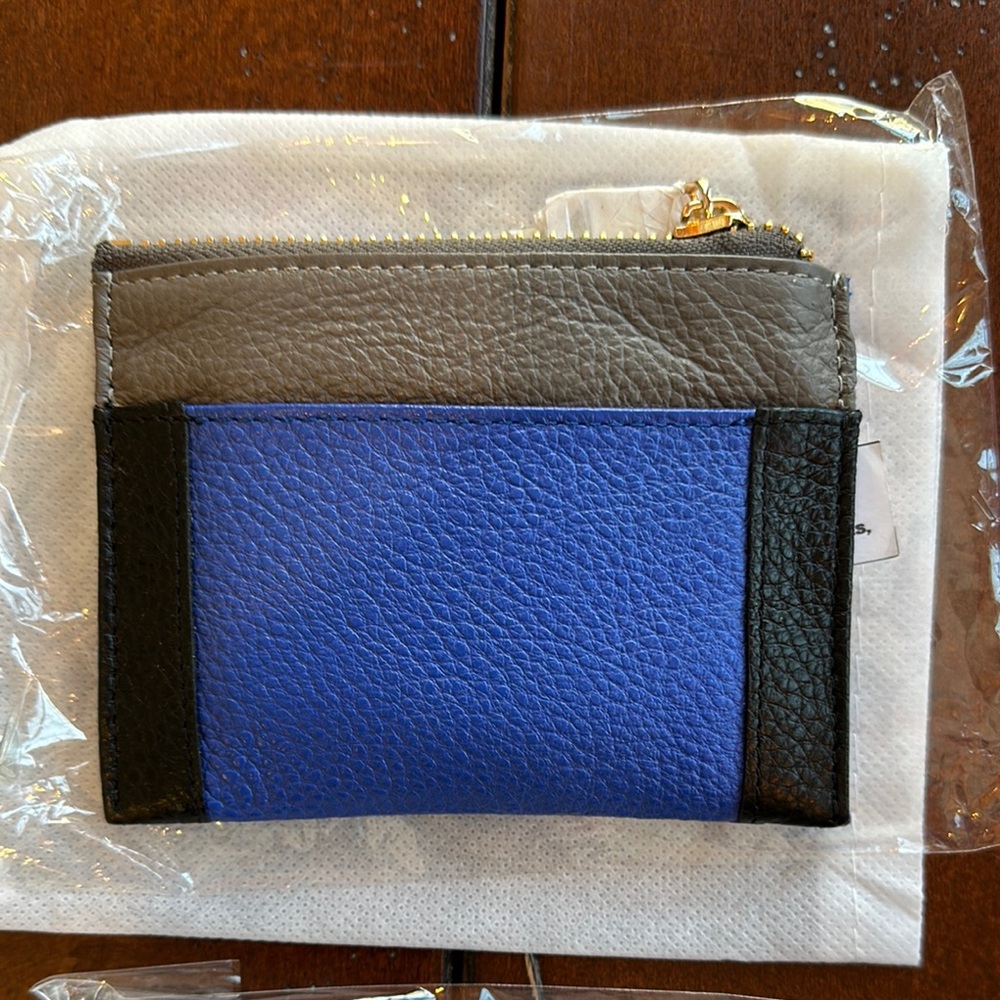 NWT NIP.  KC Leather Electric Blue & Black card holder/wallet w/zipper & pocket